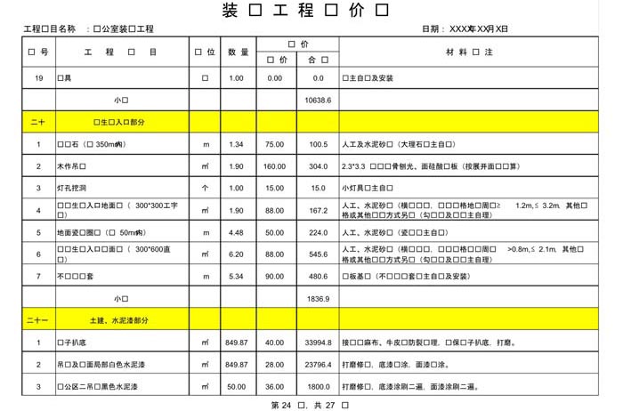 辦公室裝修費用預(yù)算表